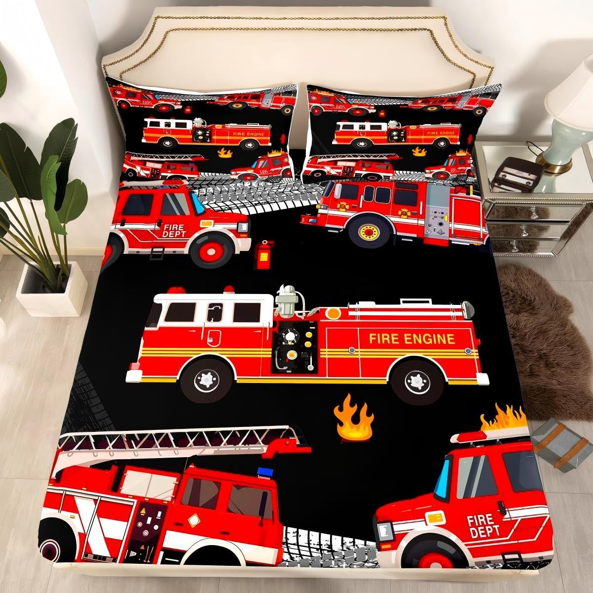 Fire Engine Fitted Sheet Full Size,Cartoon Fire Truck Bedding Set 3Pcs for Kids Boys Teens Girls Room Decor,Red Firemen Car Vehicle Bed Sheet Fashion Black Grey Deep Pocket Sheet,2 Pillowcases - Image 2