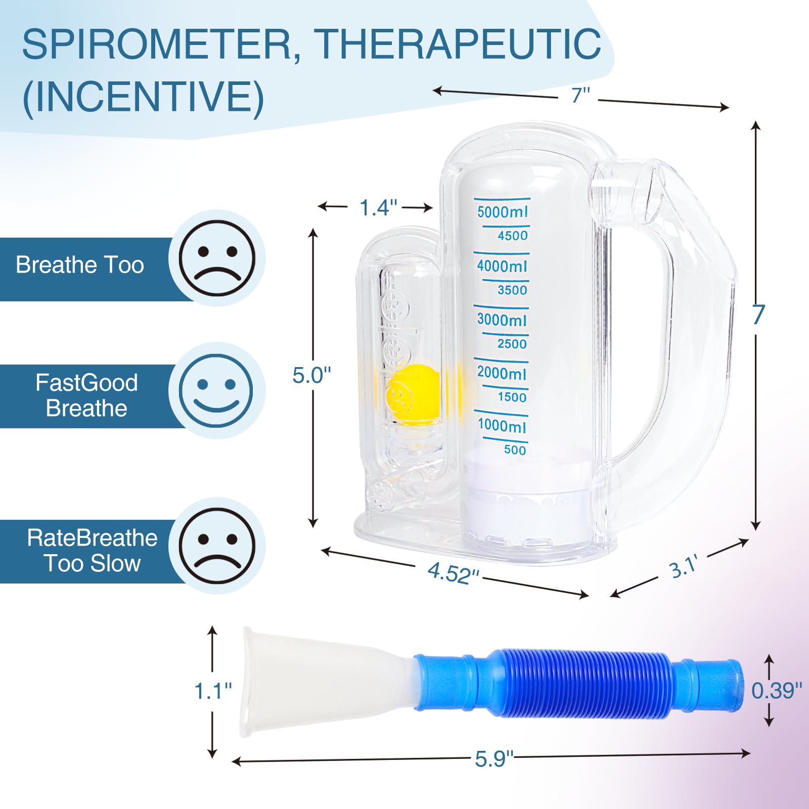 Spiromètre d'incitation pour adultes - Appareil d'exercice respiratoire pour les poumons - Entraîneur de respiration profonde pour enfants et adultes - Capacité de 5000 ml avec indicateur de débit