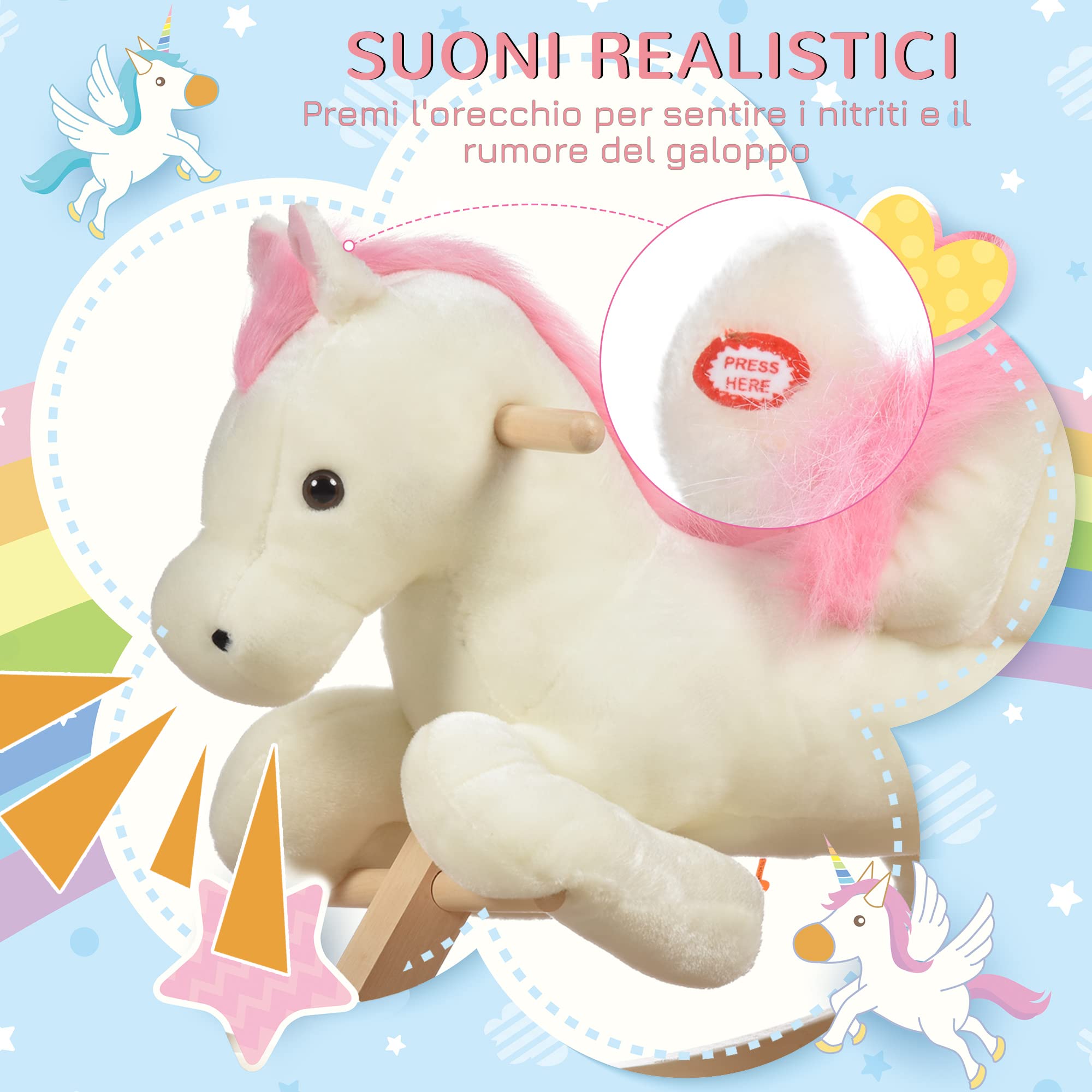 HOMCOM Cavallo a Dondolo Bianco e Rosa con Suoni e Struttura in Legno di Pioppo per Bambini 18-36 Mesi, 70x28x57cm