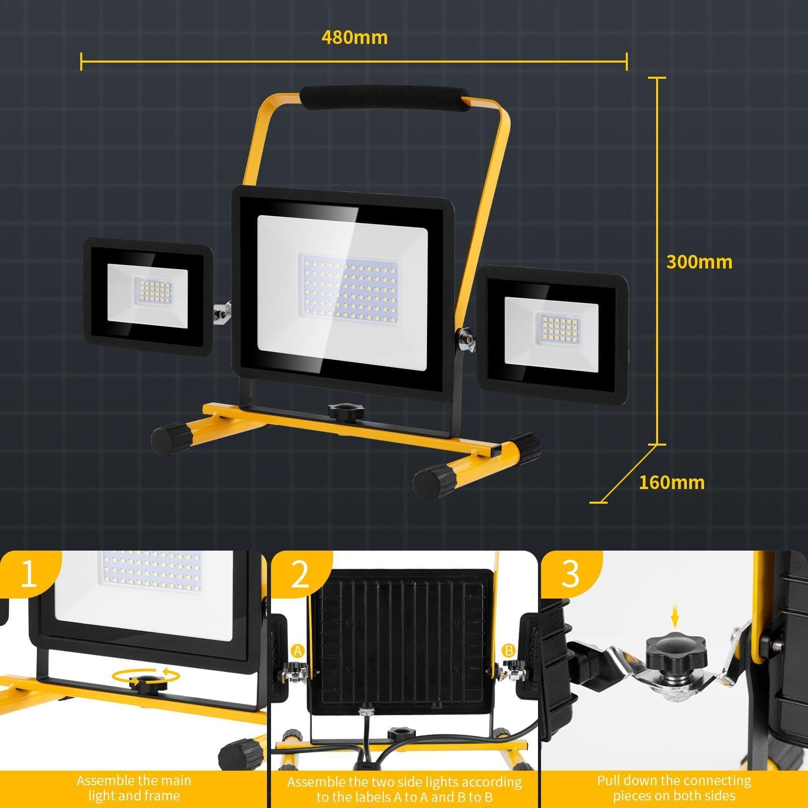 Faretto LED da Cantiere 100W,10000LM Faro LED Esterno con Spina,6500K Bianco Rotazione Faro LED Portatile,IP65 Impermeabile Faretti LED Esterno, Fari LED da Esterno per Garage Costruzione