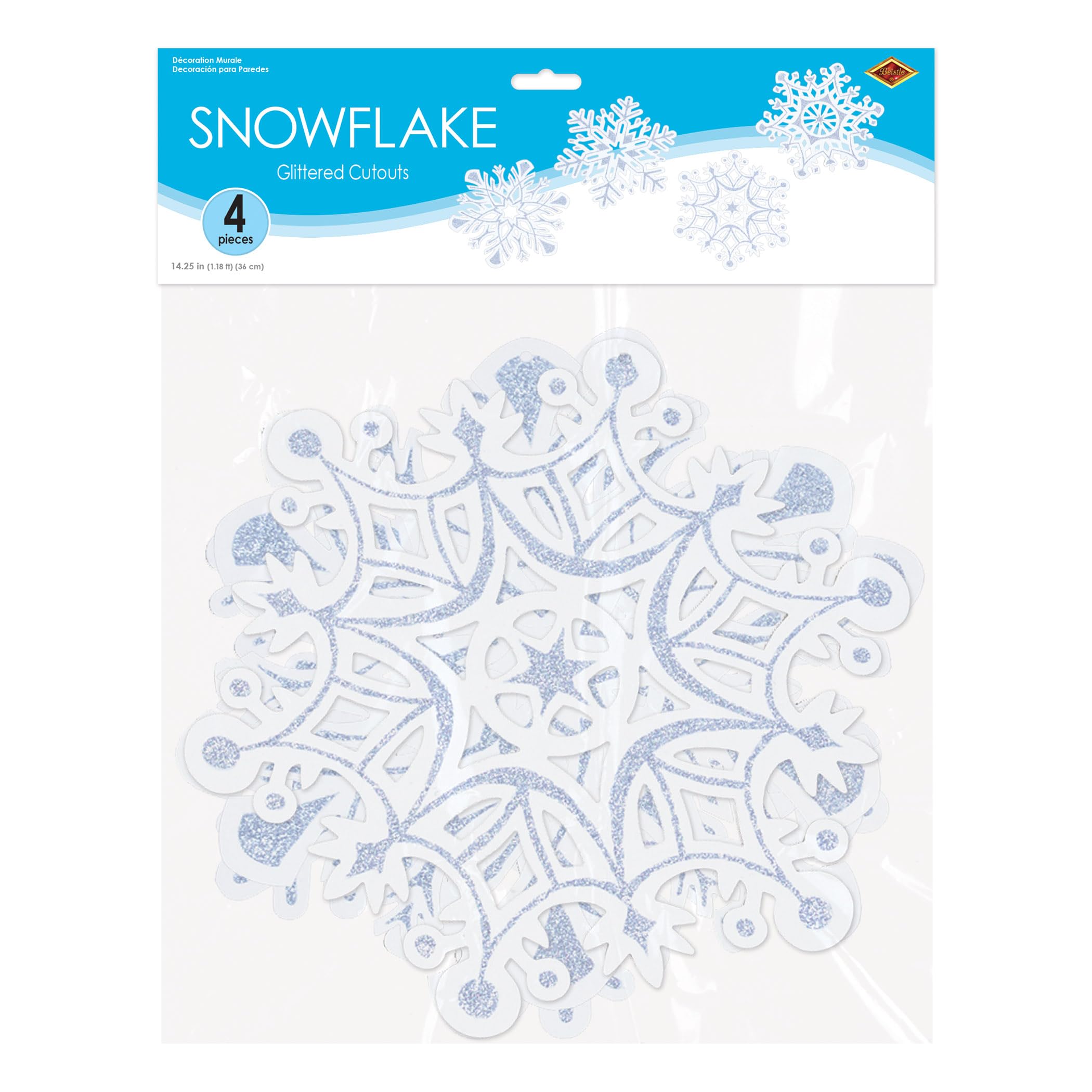 A Beistle Creation 20369 Pkgd-Cortes de Copos de Nieve con Purpurina, Papel, Blanco/Plateado