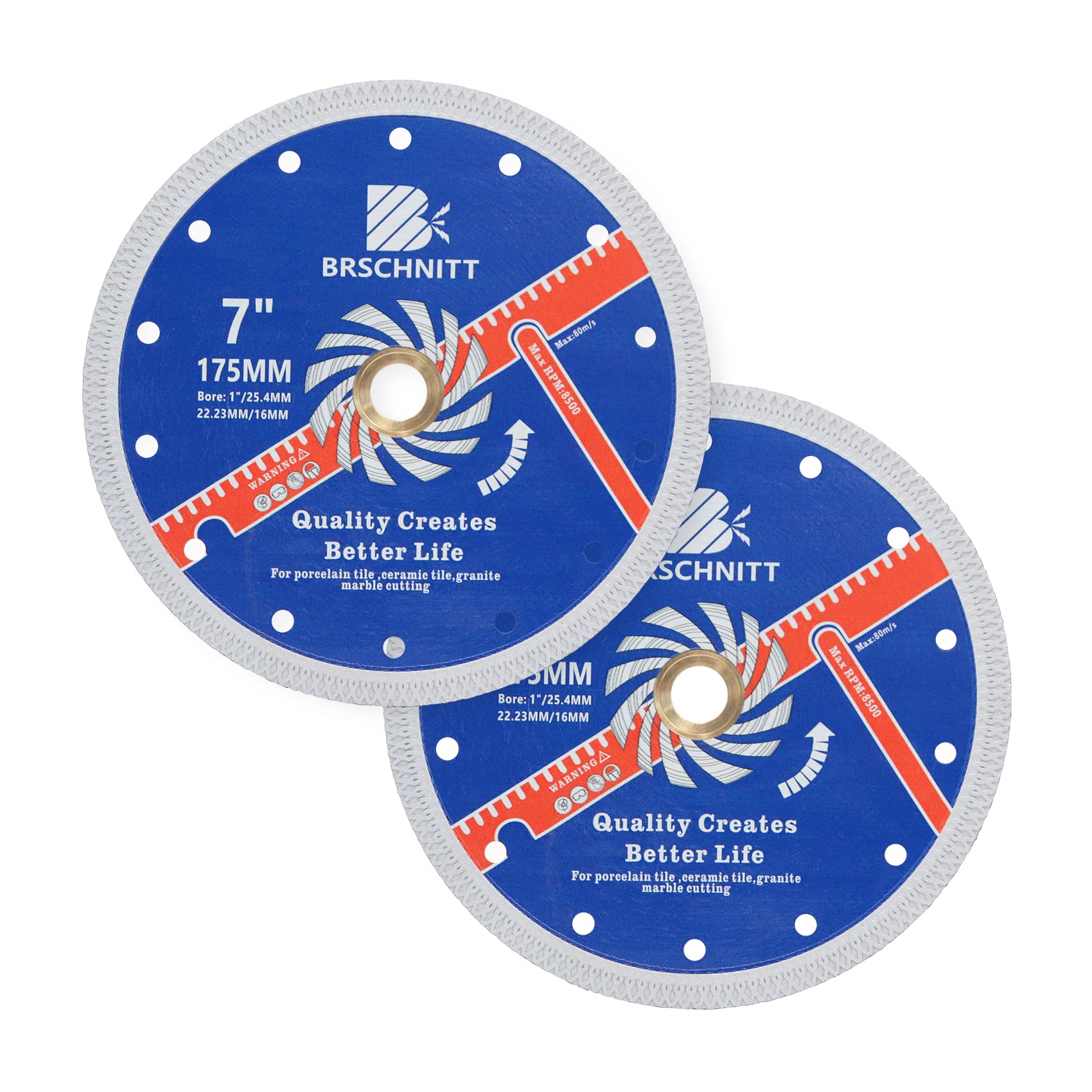 Super Thin Diamond Porcelain Cutting Disc with X Teeth,BRSCHNITT 2pcs 175mm x Arbor 25.4mm-22.23mm-16mm Diamond Cutting Disc for Dry/Wet Cutting Porcelain Tile Ceramic Marble Granite