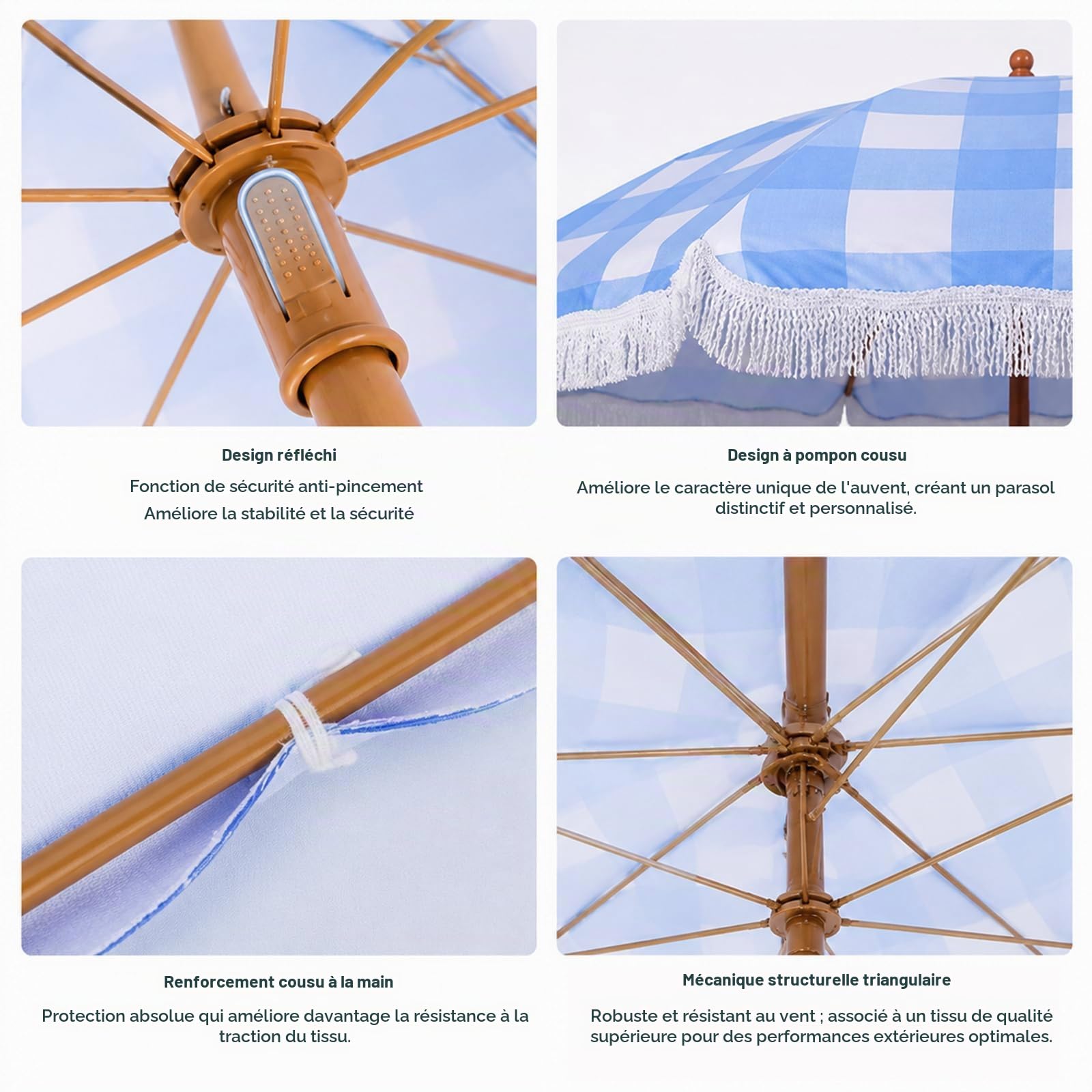 Parasol de Plage à Carreaux avec Franges Parasol de Jardin Vintage Inclinable à 45 Degrés UPF 50 Plus Grand Extérieur Portable Terrasse Pique-Nique