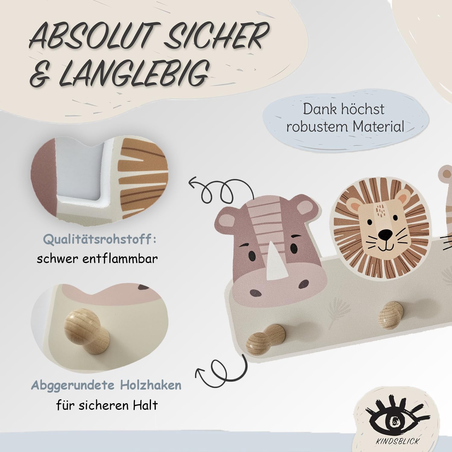 Safari Natur Kindergarderobe in Naturfarben inkl. A4 Poster - Garderobe Kinder Edition mit 4 Haken - Wunderschöne Kinder Garderoben Deko - Kindergarderobe Maße (38 x 15 x 5 cm)