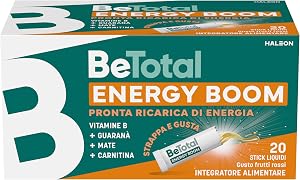 Betotal Energy Boom, Integratore Alimentare con Vitamine B, Guaranà, Mate e Carnitina, effetto tonico per ricaricare le energie in caso di stanchezza, Gusto Frutti Rossi, 20 stick liquidi