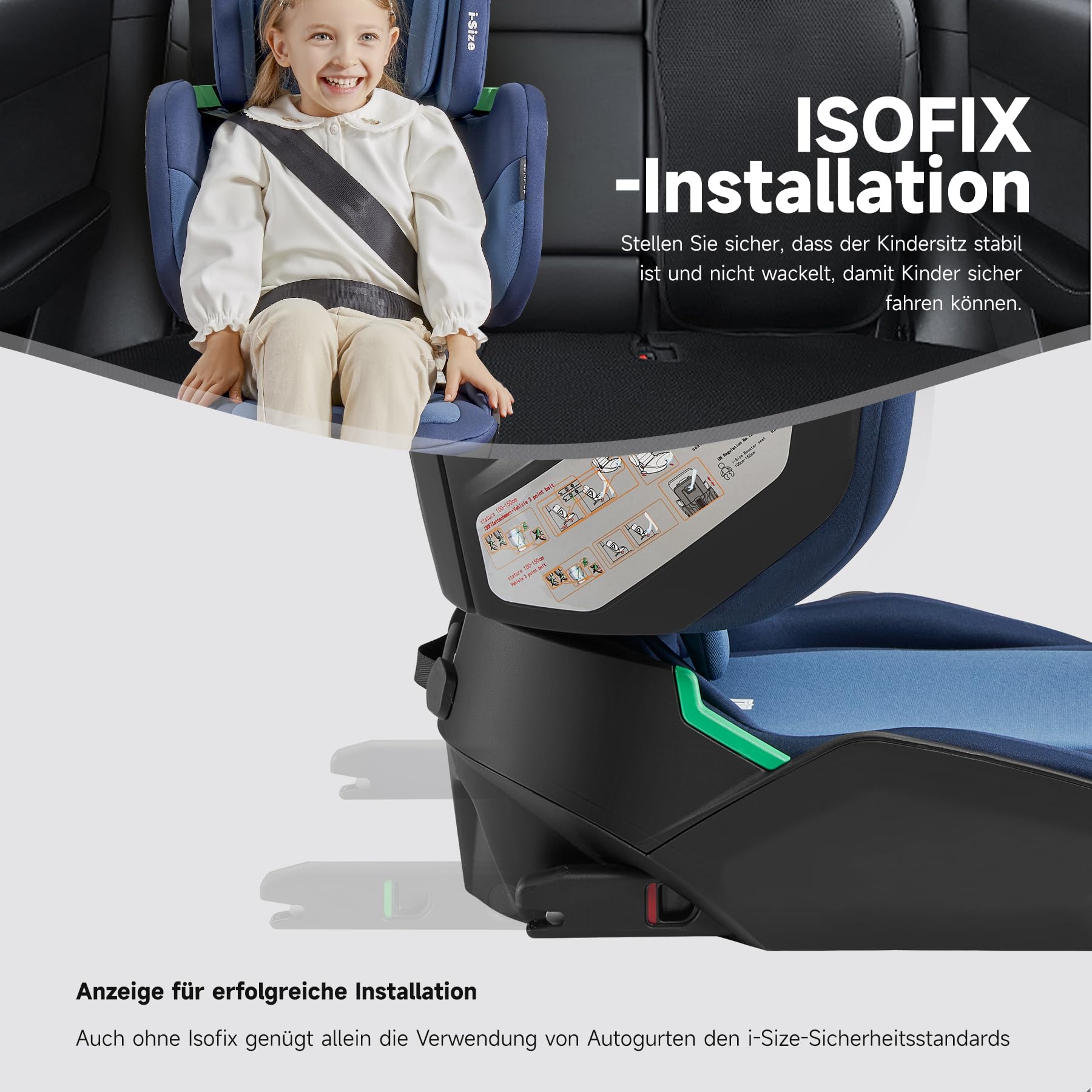 Jovikids Faltbar Kindersitz mit ISOFIX, i-Size R129 Kinderautositze ca. 3-12 Jahre (100-150cm), Kindersitzerhöhung mit Rückenlehne, Geeignet für Reisen (blau)