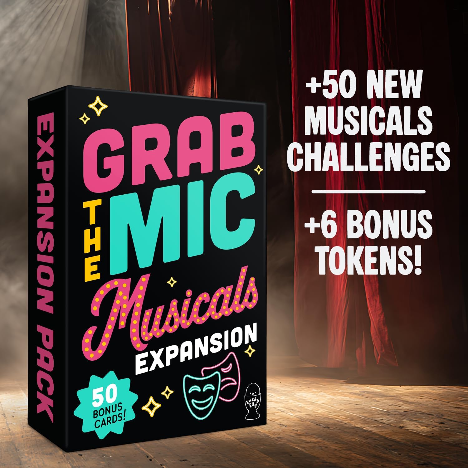 Lucky Egg Grab The Mic Musicals Expansion - Expansion Cards ONLY- Base Game Required - 50 New Musicals Challenges Games for Bad Singers, Family Karaoke Board Game 8+ Ages, 2-15 Players