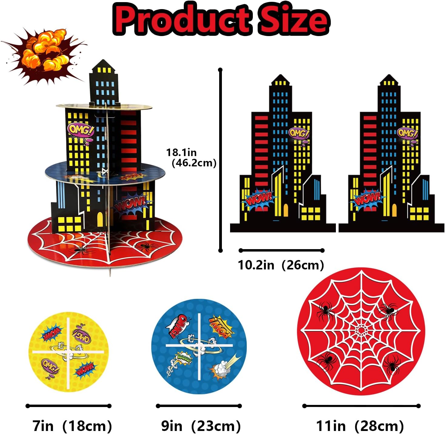 2 Pack Hero Birthday Party Supplies Cupcake Stands, 3-Tier Building Cardboard Cupcake Holder Dessert Display for Spider Birthday Party Decorations - Image 2