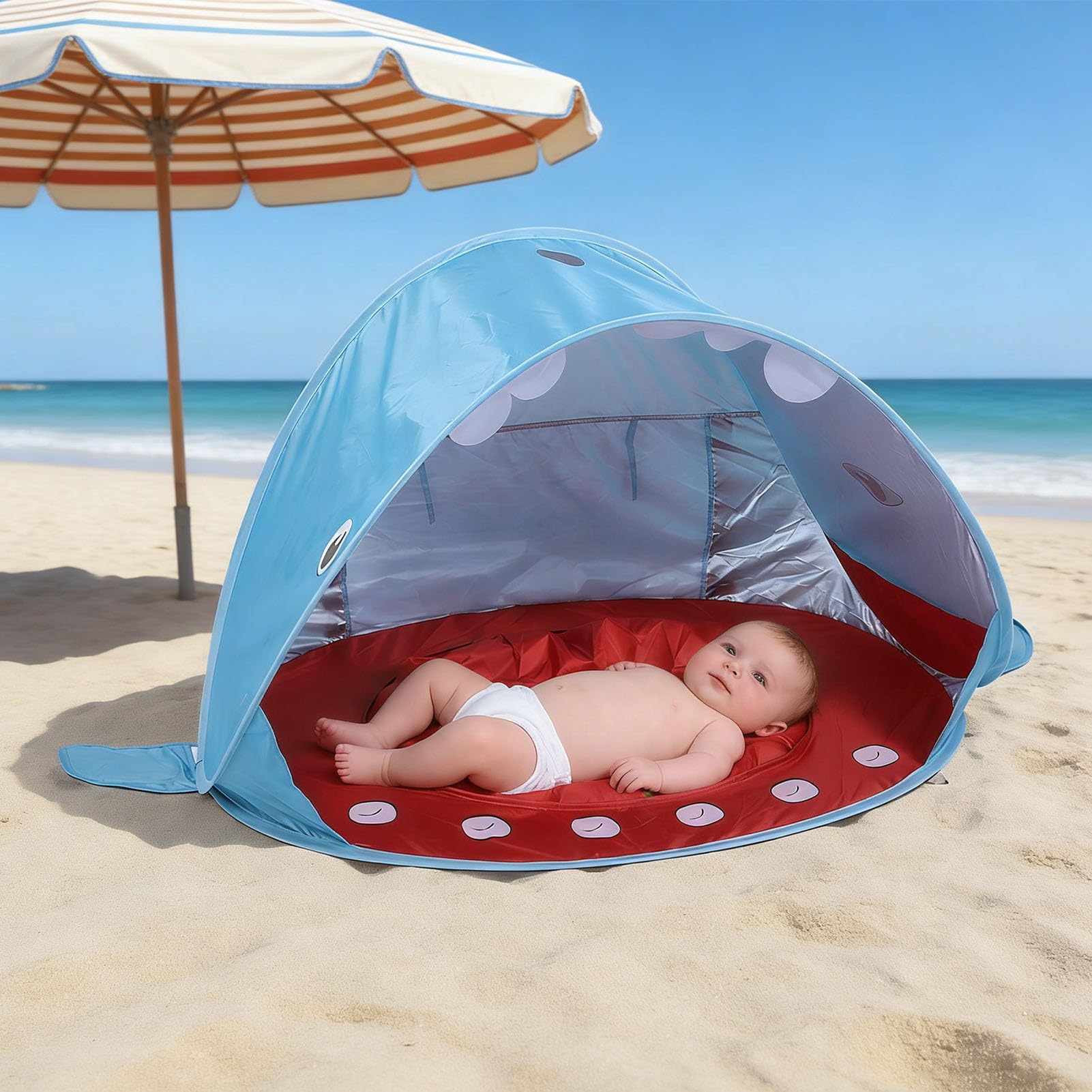Drfeify Carpa de Playa para bebé, Refugio Solar Emergente de Poliéster con Piscina Incorporada, Carpa de Viaje para bebé con Forma de Ballena 47.24 X 31.5 X 27.56 Pulgadas para Niños Pequeños en la