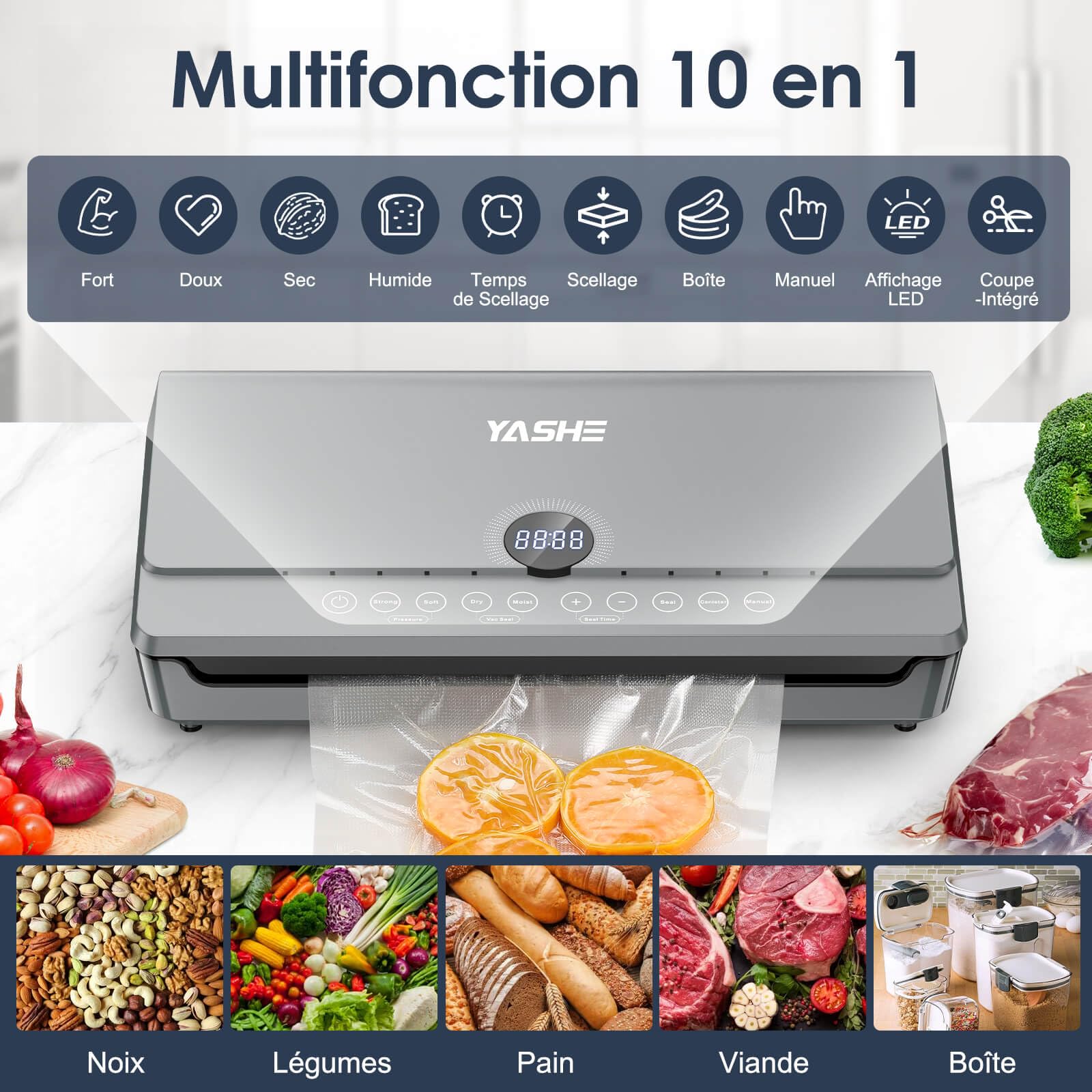 YASHE 80KPA Machine Sous Vide Alimentaire avec Couvercle Magnétique, 10-en-1 Double Pompe et Double Scellage Machine Sous Vide, Rangement de Rouleau Intégré, 1 Rouleau de Sacs Inclus