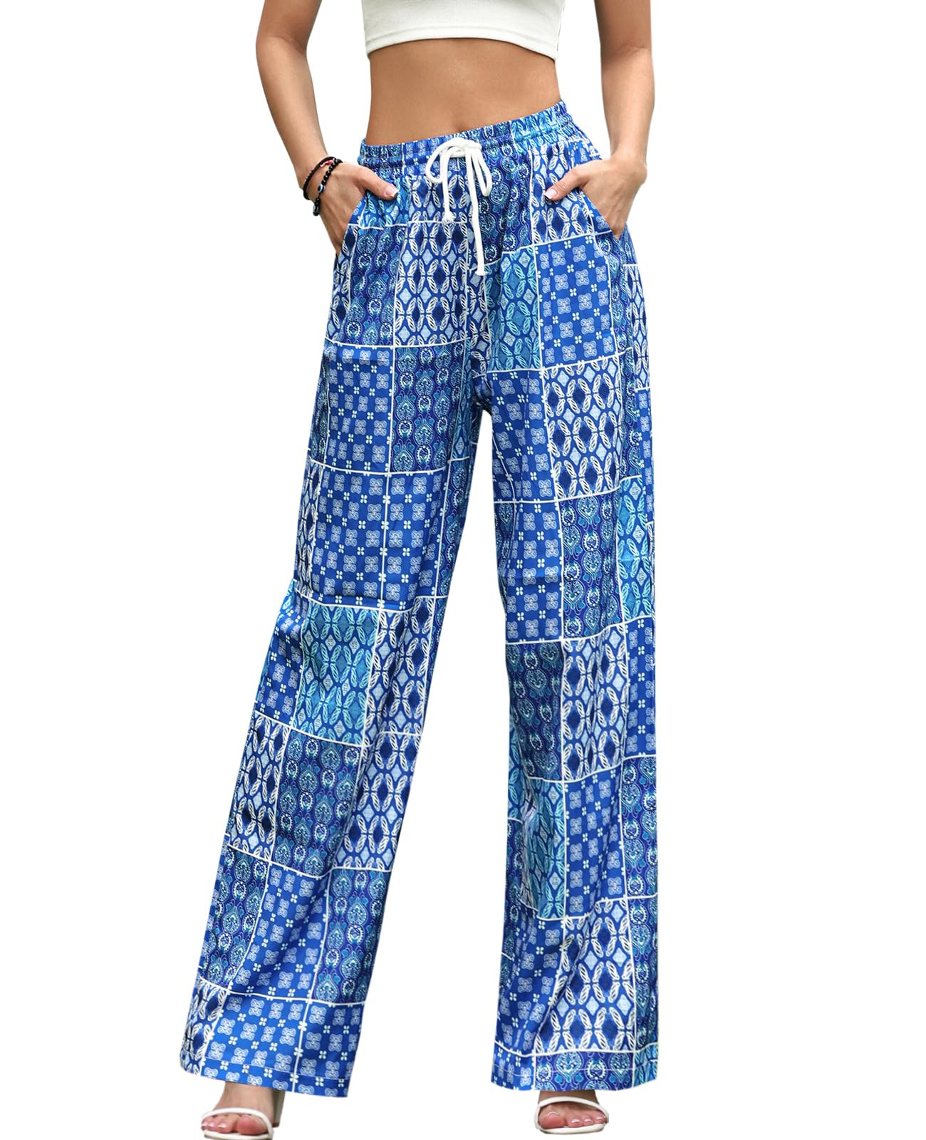 Womens Casual High Waist Wide Leg Pants Summer Floral Beach Long Lounge Pants with Pockets