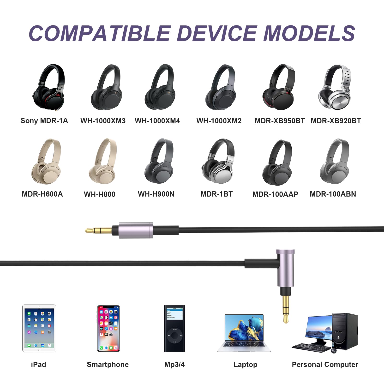 Gneinour WH-1000XM5 Audio Cable Compatible with Sony WH-1000XM5 WH-1000XM4 WH-1000XM3 MDR-1A MDR-XB950BT MDR-XB950N1 MDR-ZX770BN WH-XB910N WH-CH700N Wireless Headphones, 4.9ft
