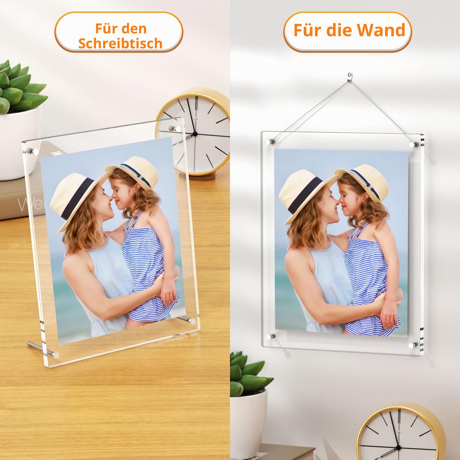 AITEE 2er Set Acryl Bilderrahmen A4: Klare Moderne Rahmenlose Fotorahmen für Wand & Tischaufsteller, Bilderrahmen ohne Rahmen für Babyfotos, Familienfotos, Hochzeitsfotos und Heimdekoration