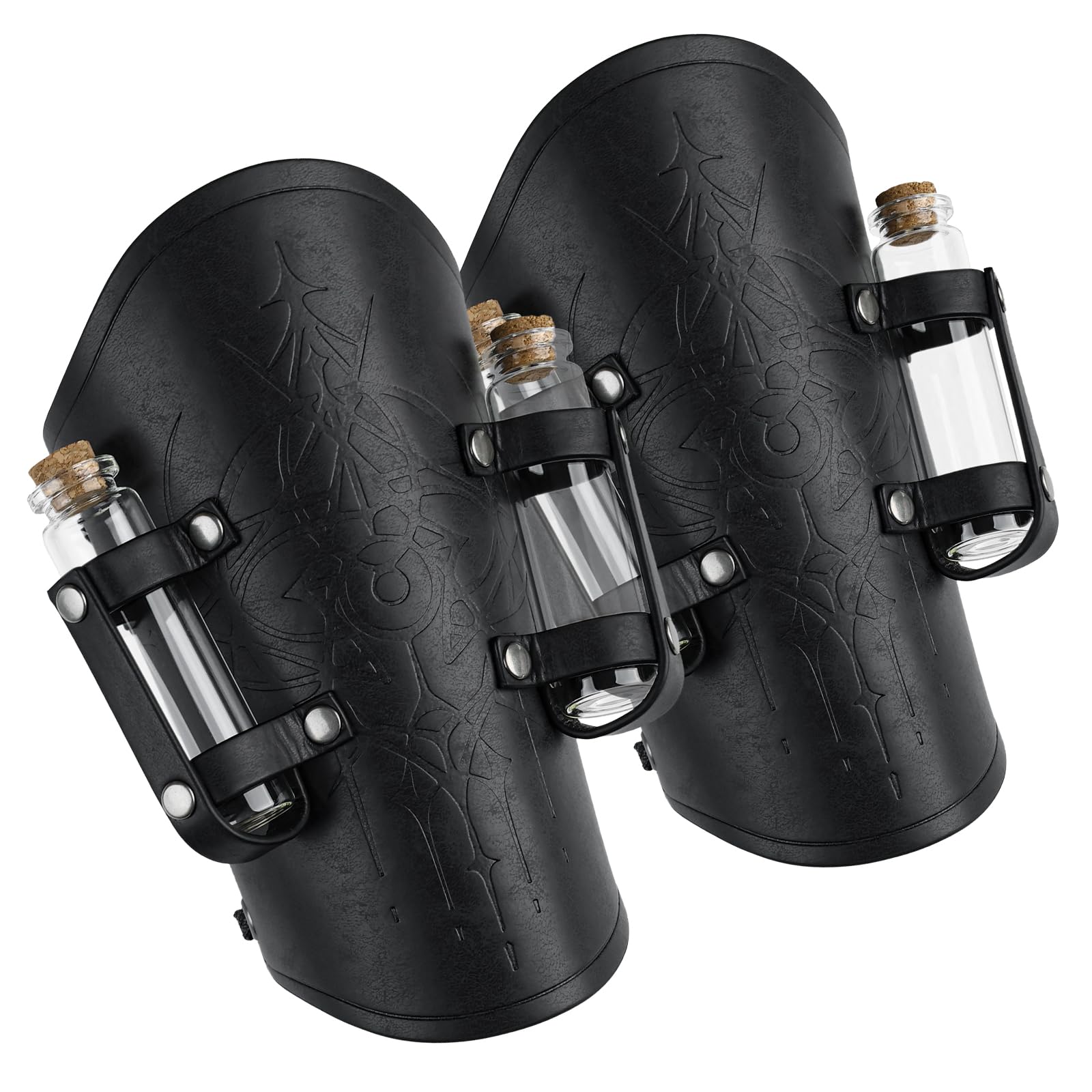 HiiFeuer Women’s Medieval Embossed Alchemy Bracers with 2 Cork Vials, Fantasy Faux Leather Buckle Arm Guards Archer Gauntlets (Black B)
