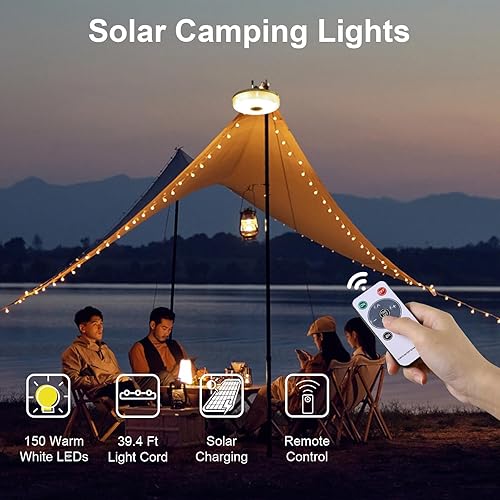 Miniatura 2 de Paquete de 2 tiras de luces solares para campamento, 39.4 pies, luz de campamento portátil impermeable con 8 modos de iluminación, funciona con
