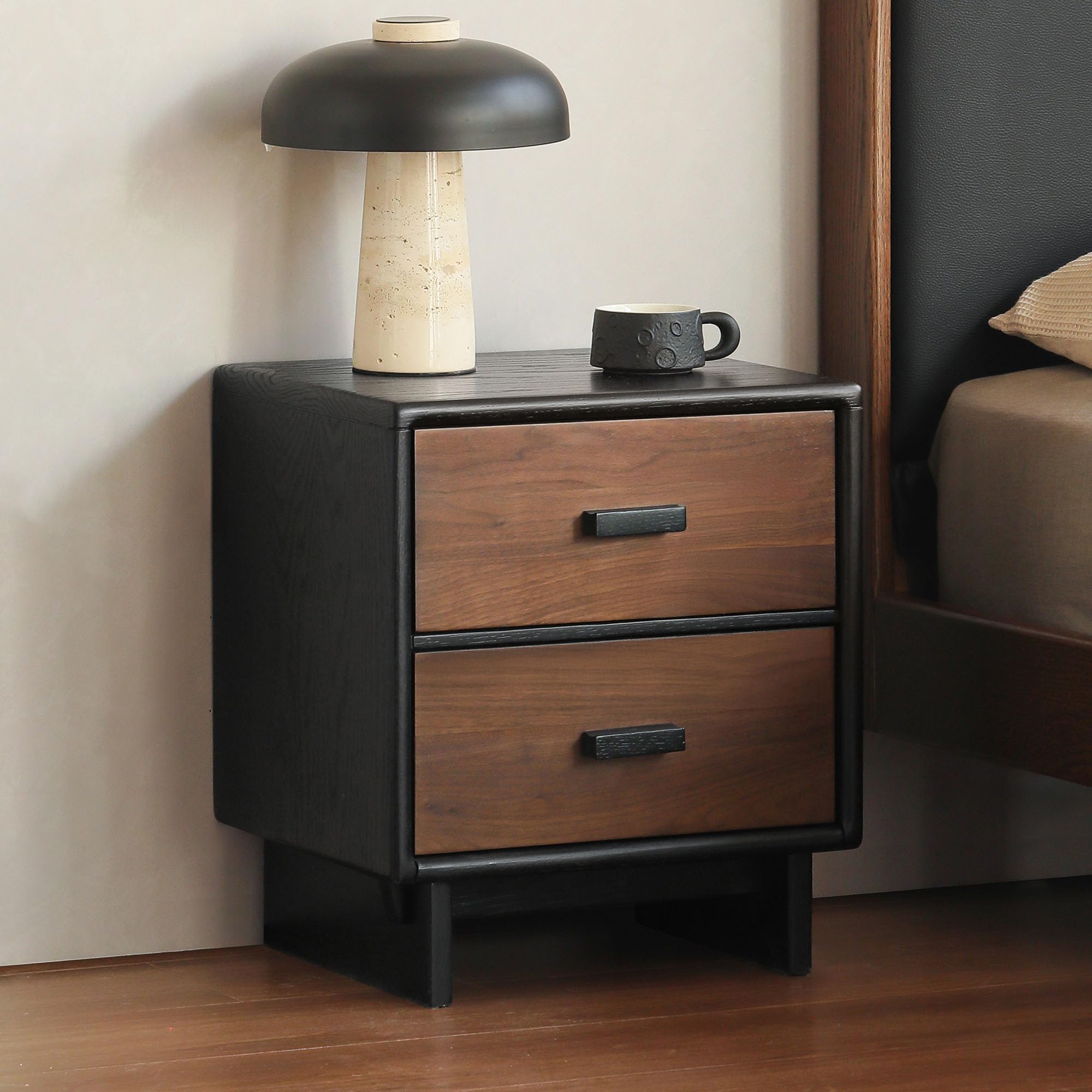 Condition photo showing New/Like New for (2)solid wood nightstand, black walnut night stand, mid century modern night stand, small oak bedside table for low profile, wooden night stands for bedroom(18.98" h)