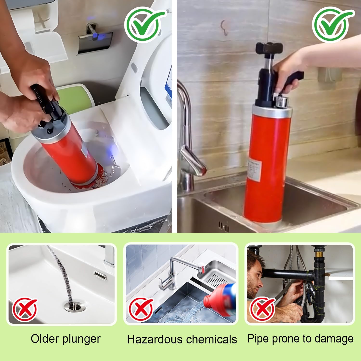 Sturalavandini a Pressione Pompa Stura Scarichi a Pressione Stantuffo Stura WC ad Aria Compressa con Barometro, 4 Teste Sostituibili, per Vasca da Bagno, Cucina, Bagno