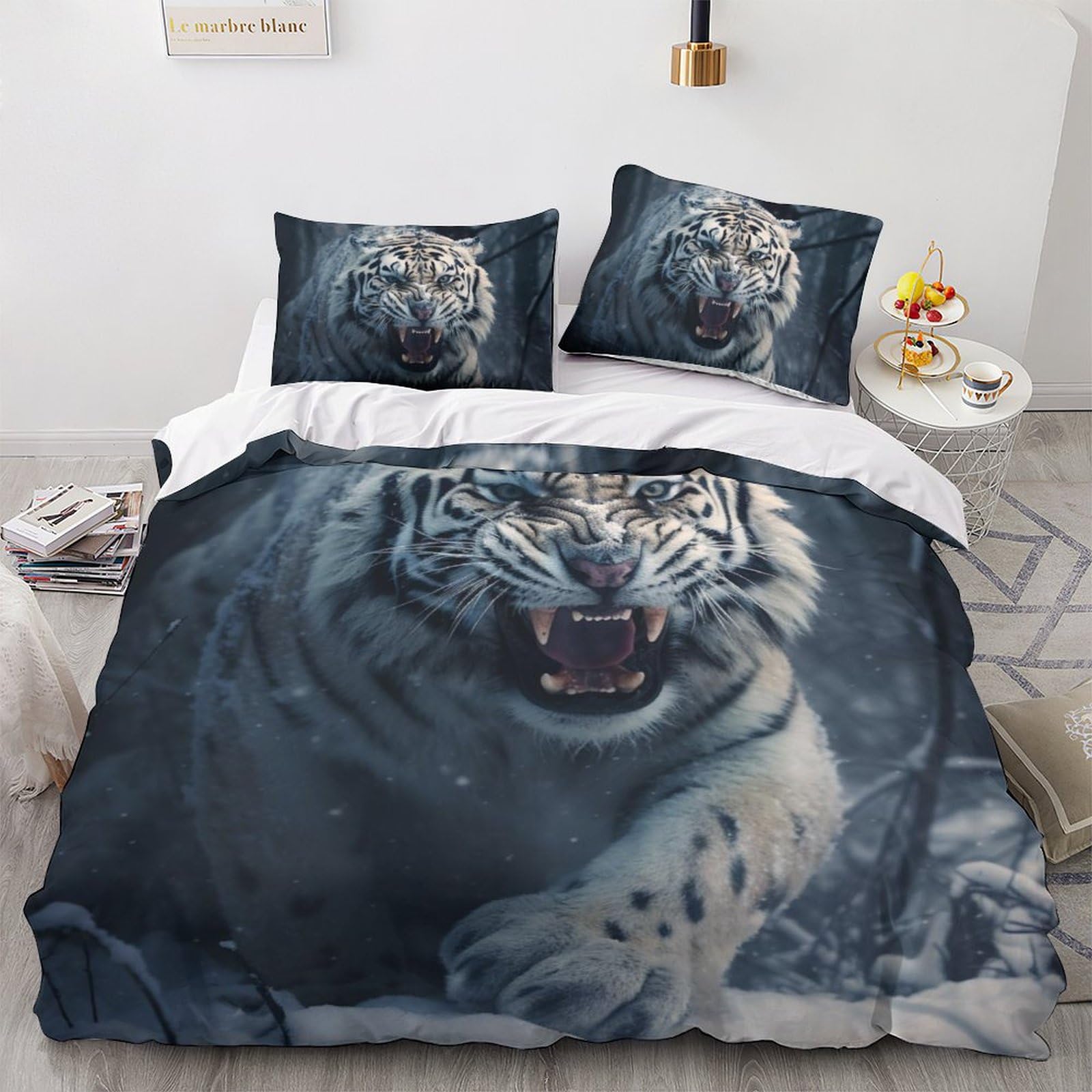 Parure de lit garçon fermeture éclair tigre blanc 220x240 pour enfiler la couette sans effort