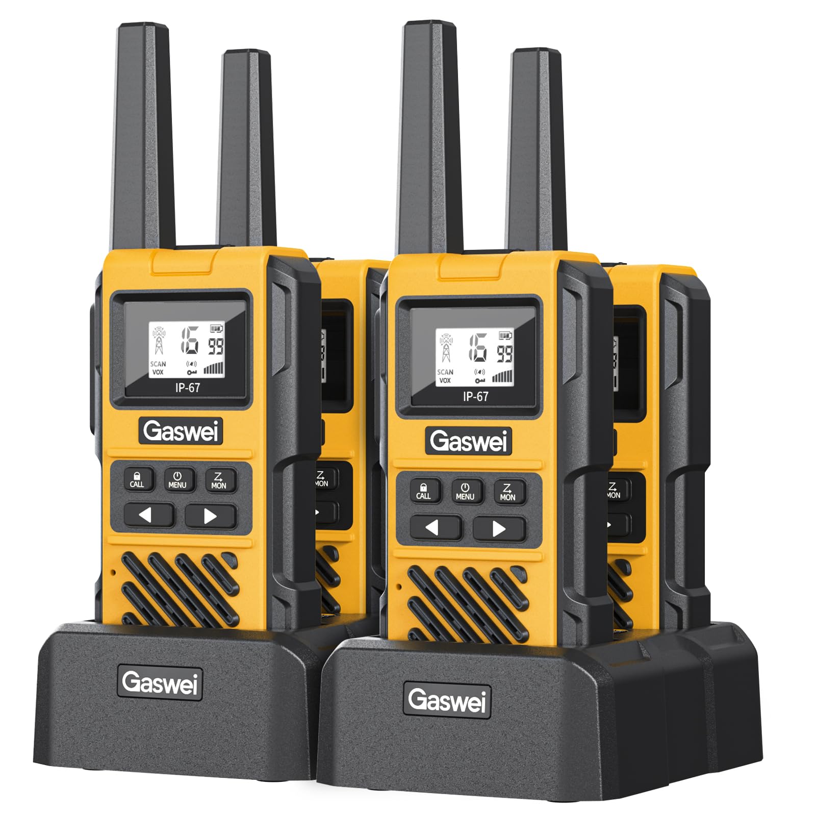 Gaswei G1pro Walkie Talkies Long Range for Adults, Rechargeable Heavy Duty Walkie Talkie with Doulbe PTT, 2 Way Radio, VOX for Farms, Warehouse, Fishing, Camping, Hunting - 4 Pack