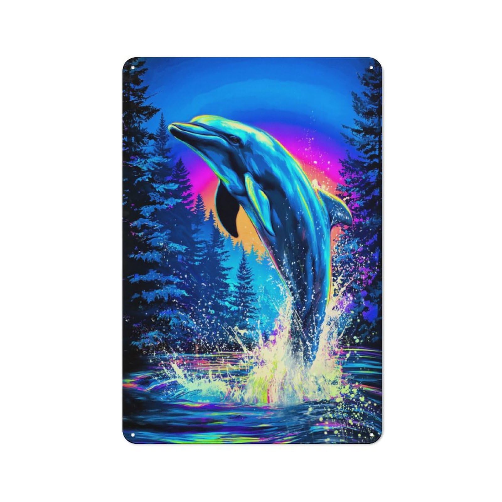 Industrial Decorative Metal Plaque 30x20cm Featuring Neon Dolphin Splash Art Print, Urban Room Decor for Flat, Bar, Studio Or Gallery Wall