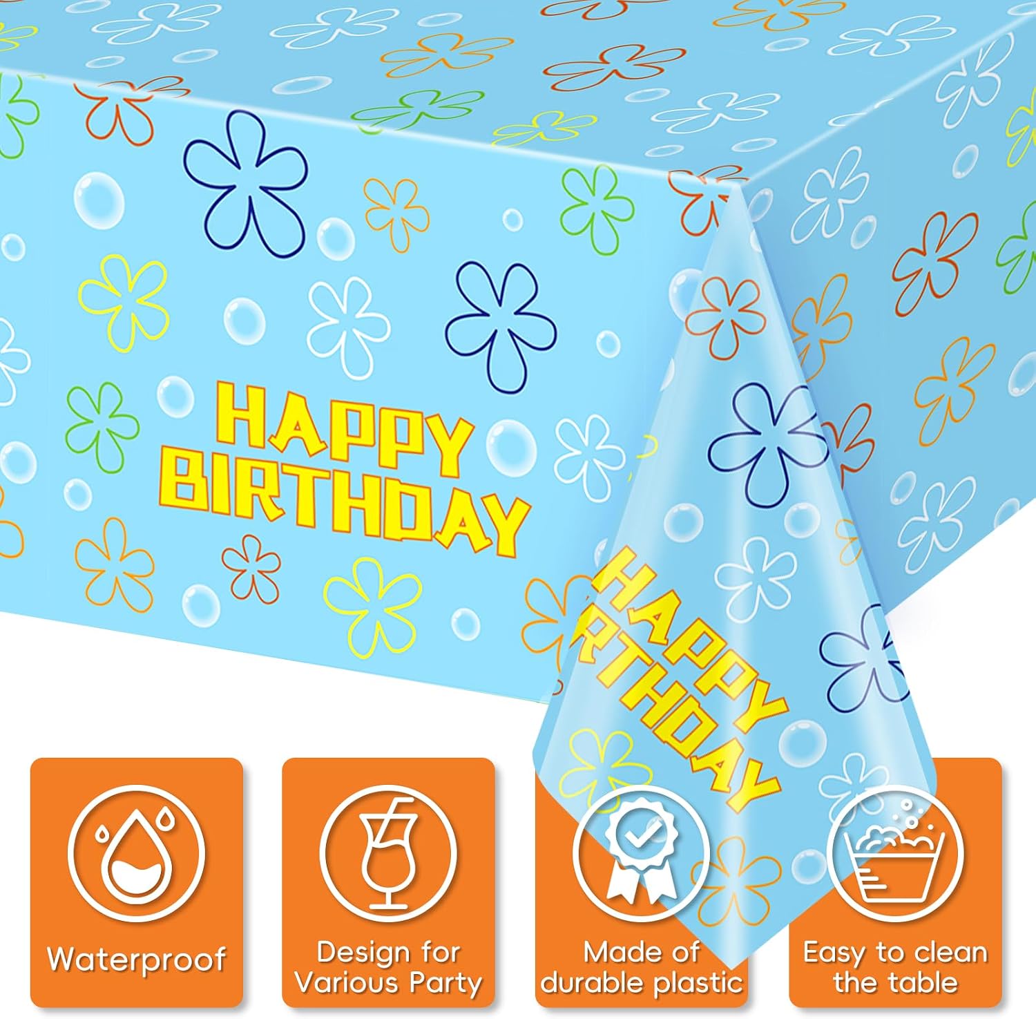 3 Pcs Sponge Birthday Party Tablecloth, 108 x 51.2 Inch Plastic Blue Ocean Flower Table Covers for Birthday Party Decorations Supplies image 4