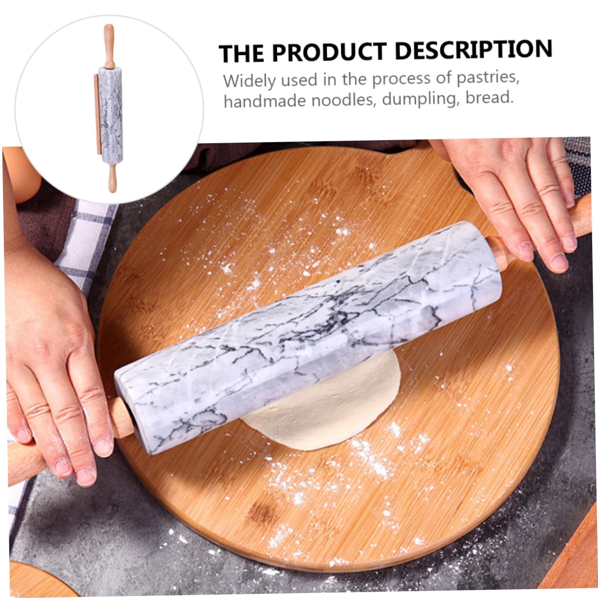Cabilock Rodillo de Mármol para Masa Mango de Madera, Diseño Sencillo, Práctico y Multiuso para Hornear en Casa