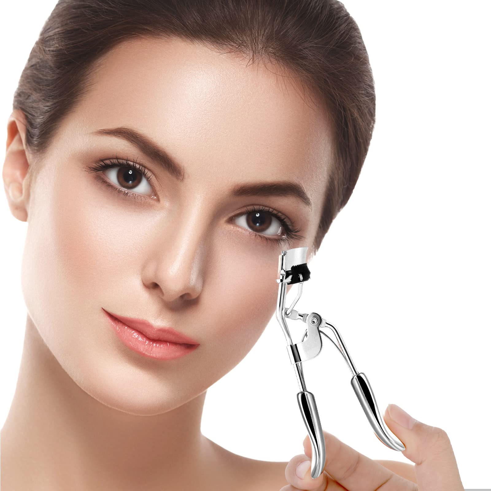WLLHYF - Kit de rizador de pestañas profesional de metal con peine integrado, 10 almohadillas de recambio de repuesto para mujeres y niñas, consigue pestañas rizadas dramáticamente (plata)