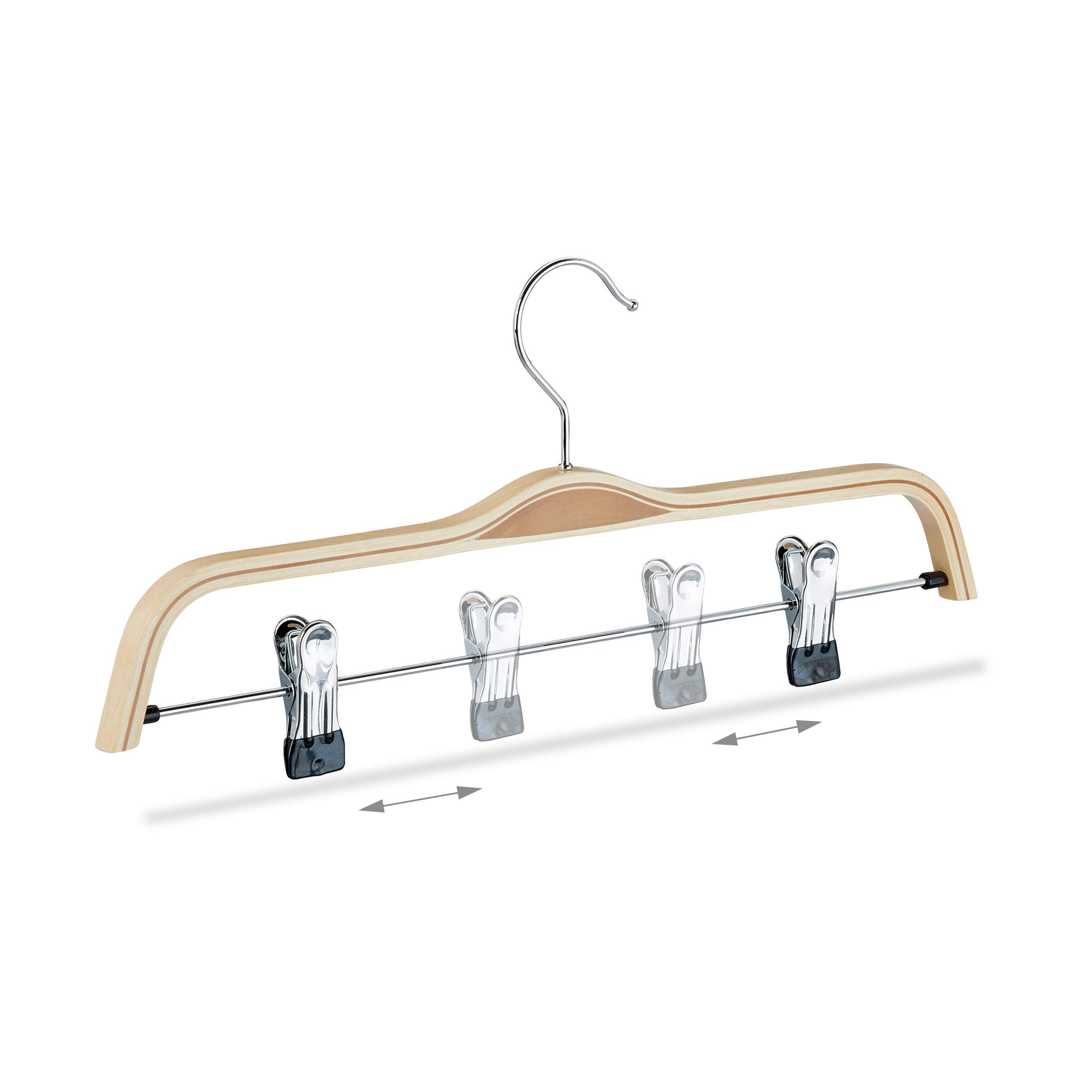 Relaxdays 25 x Hosenbügel Holz, verstellbare & gummierte Clips, 360° drehbarer Haken, Kleiderbügel, 37cm breit, Klemmbügel, Natur