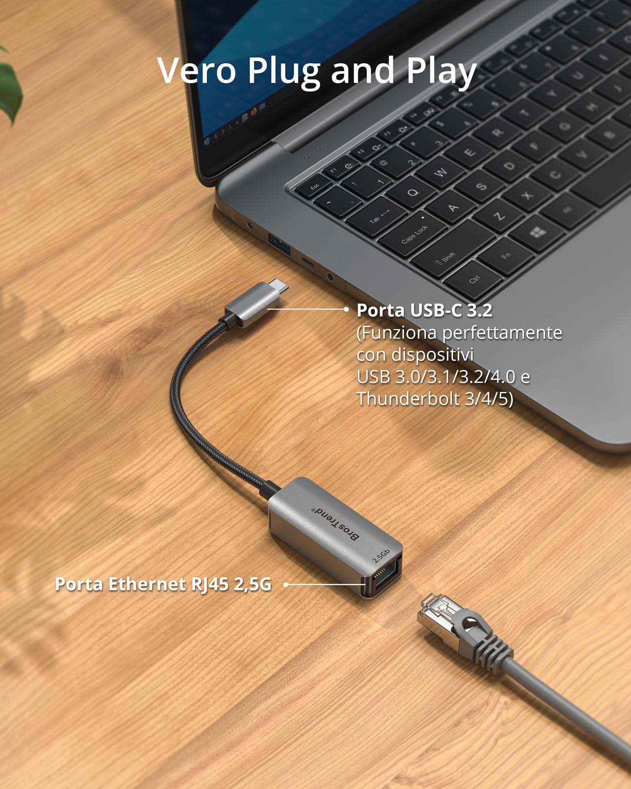 BrosTrend 2.5Gb Adattatore Ethernet USB C Plug & Play Alluminio per PC MacBook iPad Thunderbolt 5/4/3