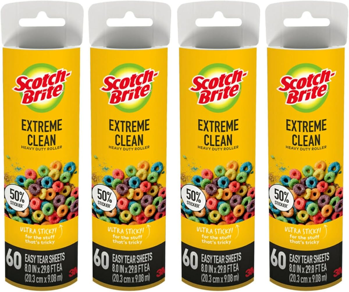 Scotch-Brite 50% Stickier Large Surface Lint Refill, 240 Sheets Total,4Pack | Designed for Removing Fur + Fluff on Couches, Clothes, Dog and Cat Beds, & More, 60 Easy-Tear Adhesive Sheets Per Roll