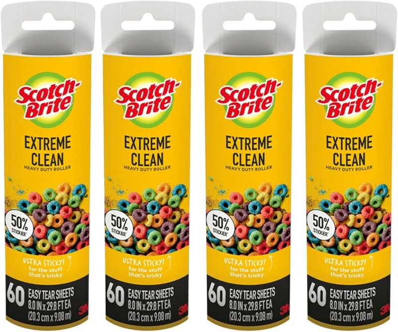 Scotch-Brite 50% Stickier Large Surface Lint Refill, 240 Sheets Total,4Pack | Designed for Removing Fur + Fluff on Couches, Clothes, Dog and Cat Beds, & More, 60 Easy-Tear Adhesive Sheets Per Roll