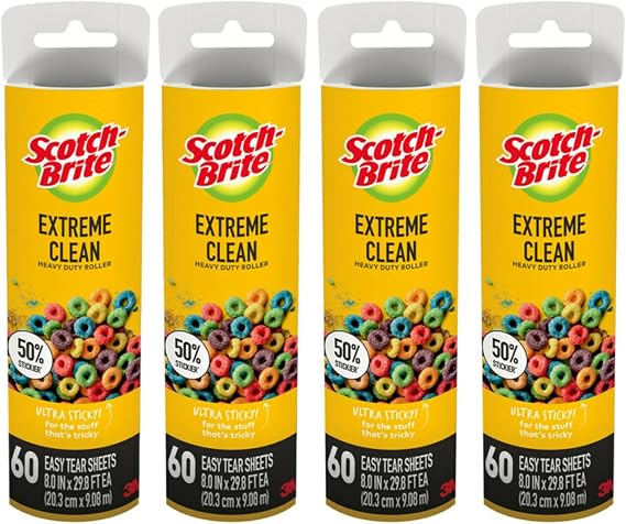 Scotch-Brite 50% Stickier Large Surface Roller Refill, Works Great On Pet Hair, 4 Refills, 60 Sheets Per Refill, 240 Sheets Total