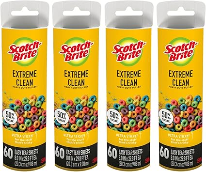 Scotch-Brite 50% Stickier Large Surface Roller Refill, Works Great On Pet Hair, 4 Refills, 60 Sheets Per Refill, 240 Sheets Total