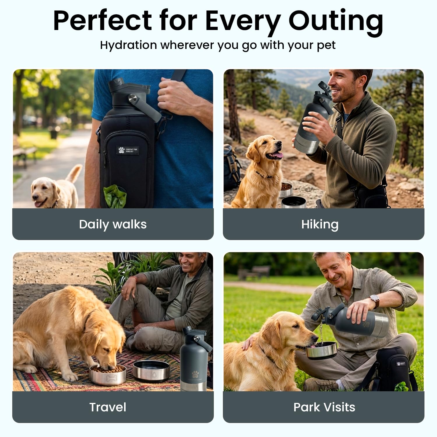 Borraccia per cani 3 in 1 con borsa per il trasporto, dispenser portatile per animali domestici, coperchio a doppio uso e 2 ciotole staccabili, design a prova di perdite, per passeggiate
