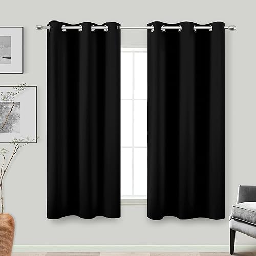Cortinas negras para ventana pequeña, 45 pulgadas de largo, 2 paneles para cocina, tamaño medio, aislamiento térmico, sin bloqueo de luz, bolsillo