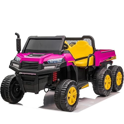 sopbost 2-Seater Ride on Truck with Dump Bed, 12V Battery Powered 6-Wheeler Electric Vehicle w/Remote Control, 2 Speeds LED Light, Horn, Music/ MP3, Kids UTV (Hot Pink)