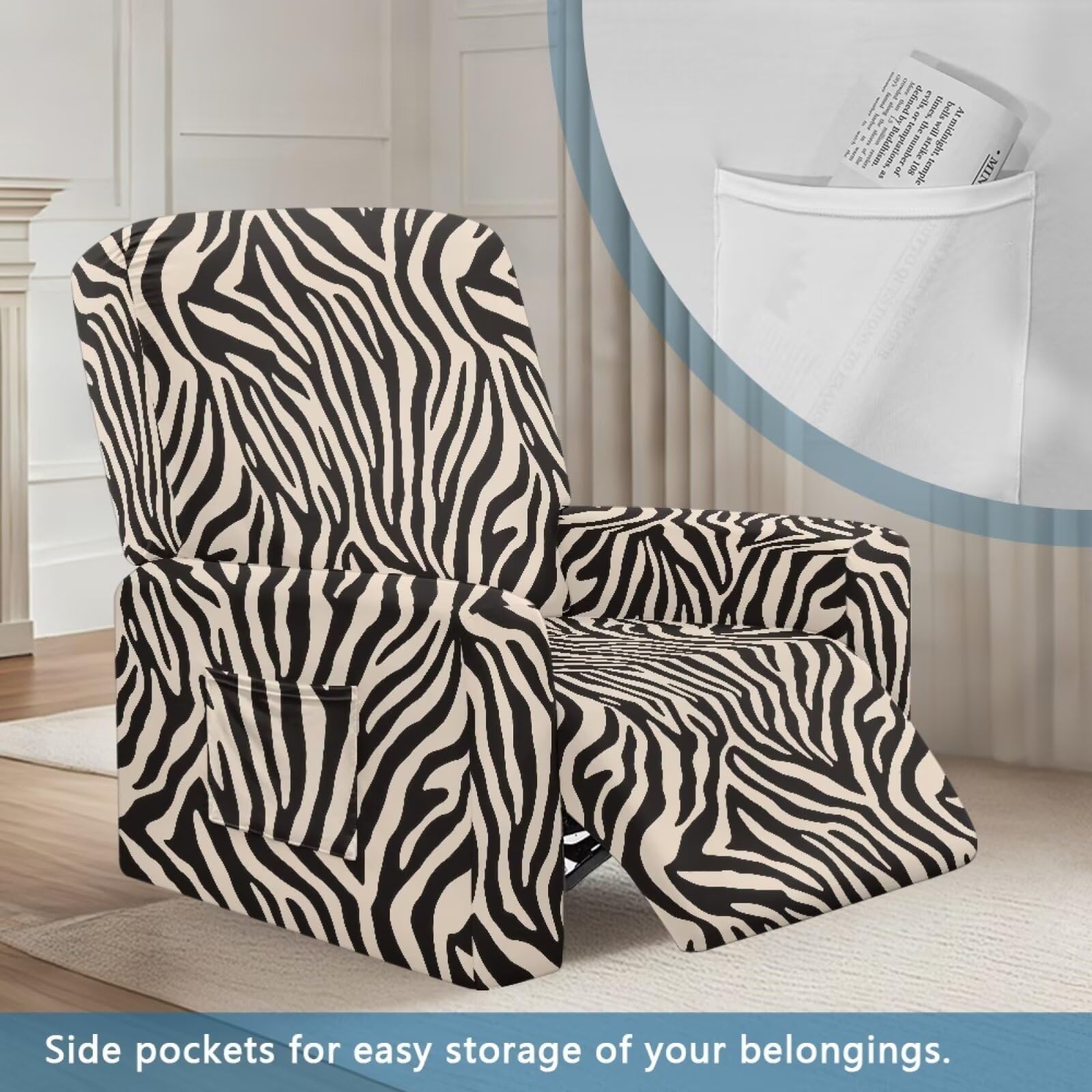 Housse de fauteuil inclinable à imprimé zèbre avec poche ajustée pour fauteuil relax Lazyboy pour décoration d'intérieur