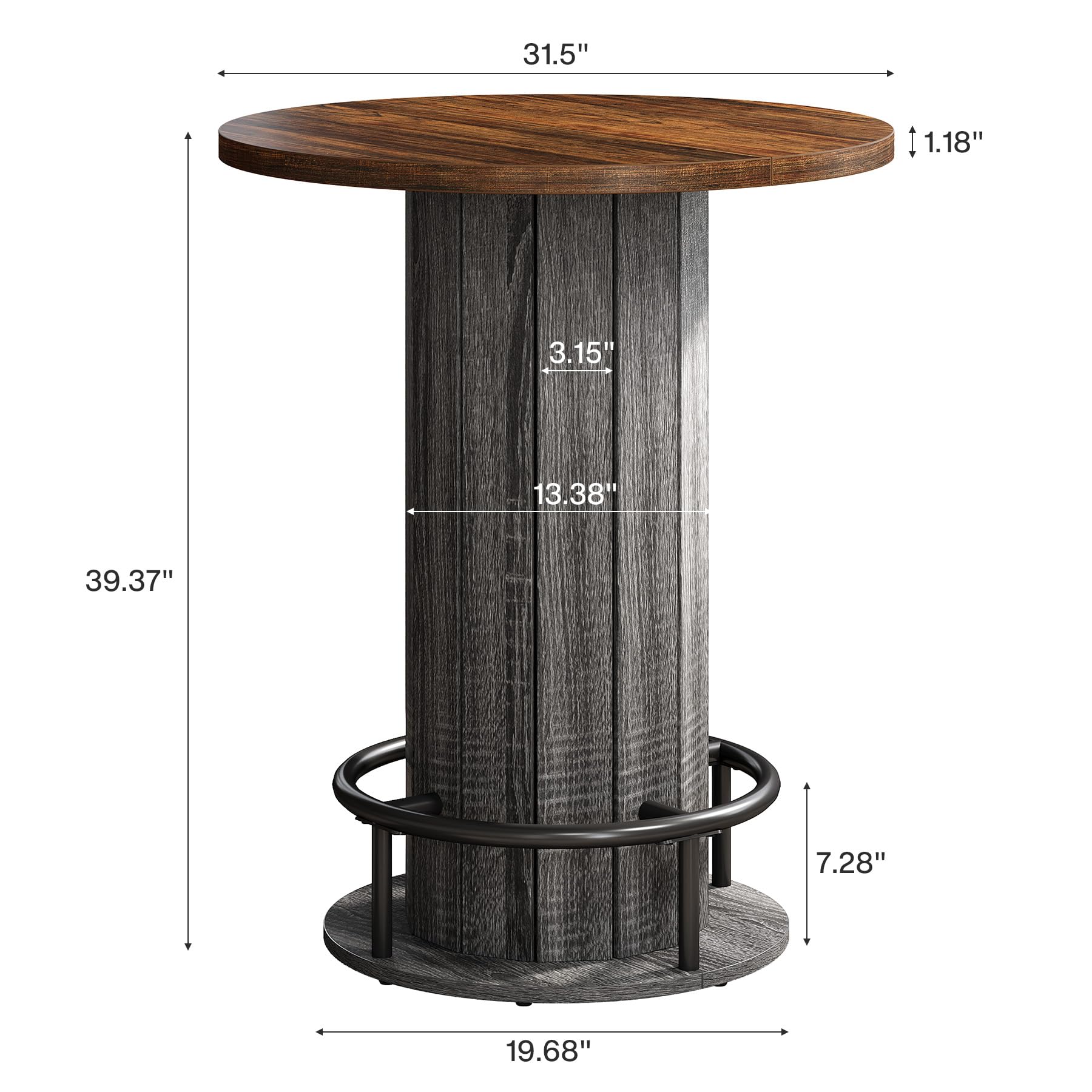 Tribesigns Tavolo da bar rotondo, 100 cm di altezza, in legno, con poggiapiedi ad anello in metallo, per sala da pranzo, caffè, cocktail, soggiorno, piccolo spazio, marrone e grigio (solo tavolo)