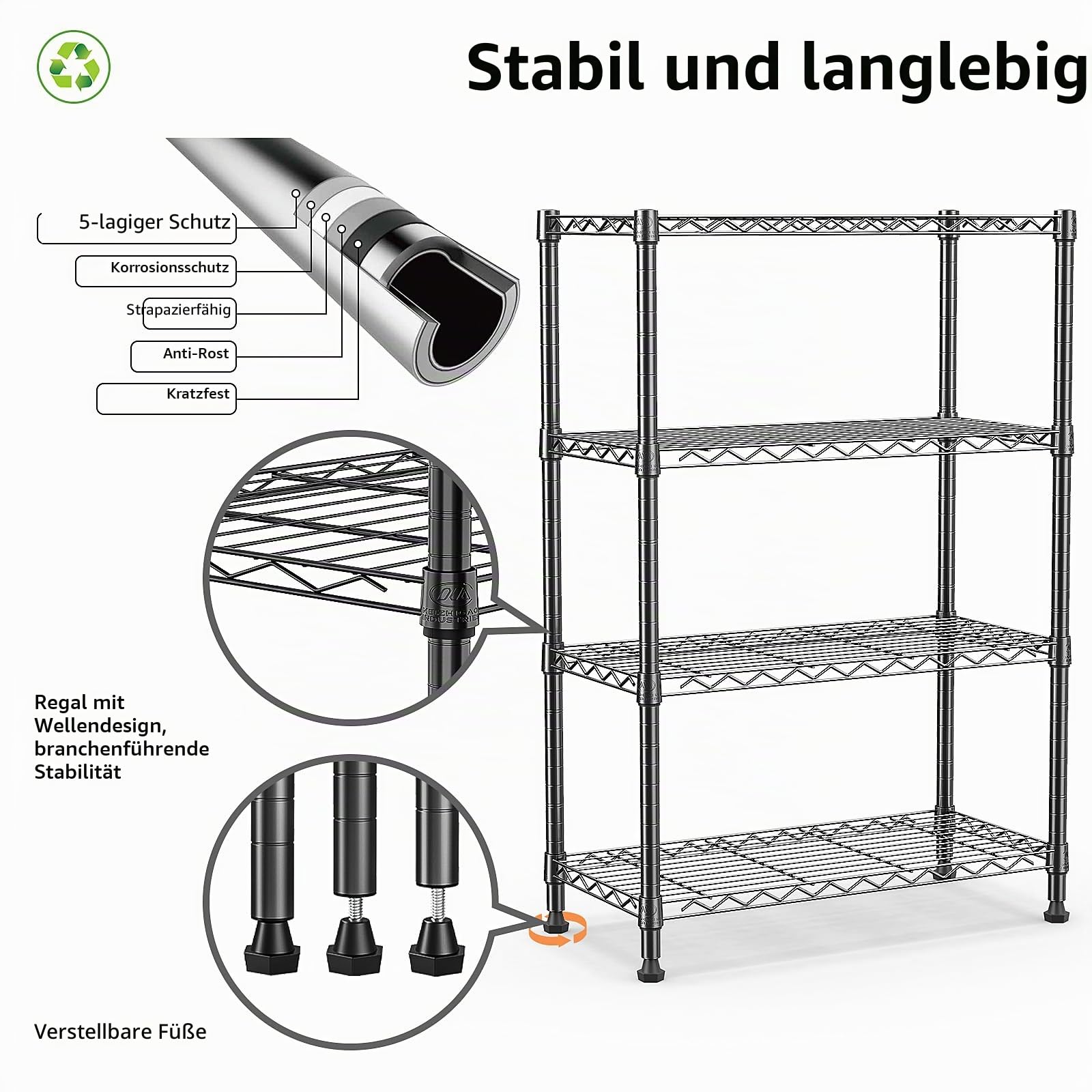 M MZG 4-stufiges Metallregal, stabiles Schwerlastregal bis 454 kg, für Garage, Keller, Werkstatt, Abstellraum und Hobbyraum geeignet, Schwarz, 35×75×120.7 cm
