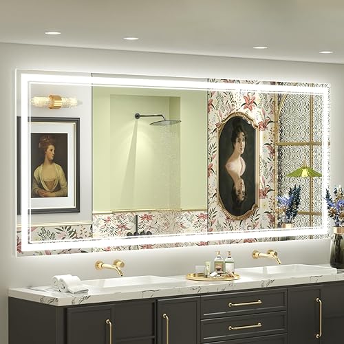 Miniatura 30 de OKPAL 50x30 Espejo de baño LED con marco negro, espejo iluminado para tocador de baño, iluminación frontal y trasera, regulable, antivaho, 3 Negro