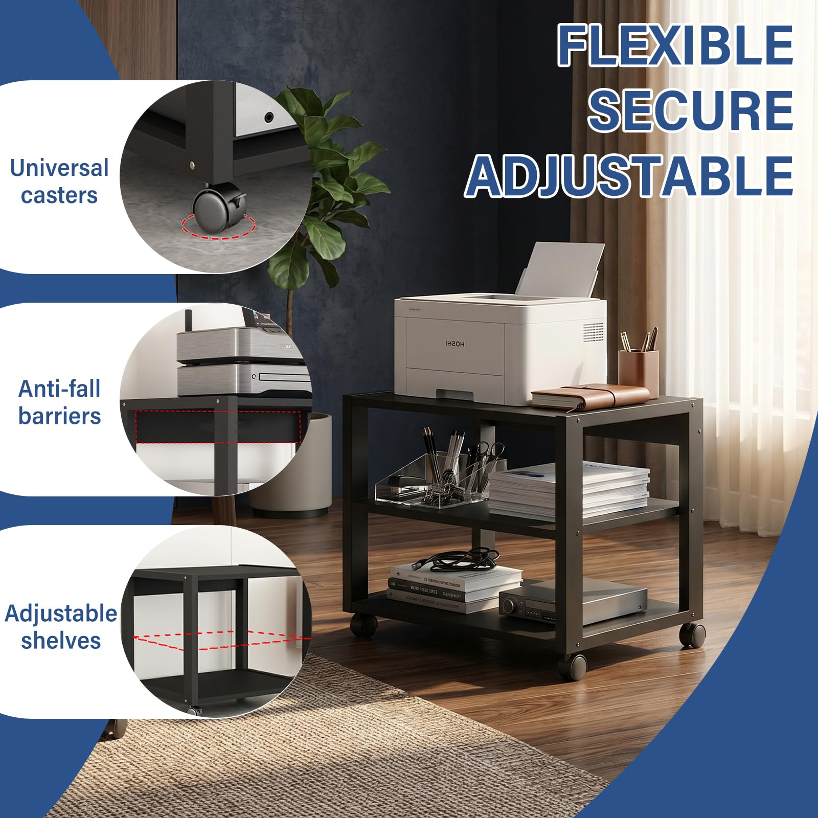 Phonoschrank auf Rollen, Plattenspieler Regal mit 3 Ablagen für Schallplatten, Kompakter HiFi Schrank für Wohnzimmer und Büro, Schwarz, 50x40x48.5cm