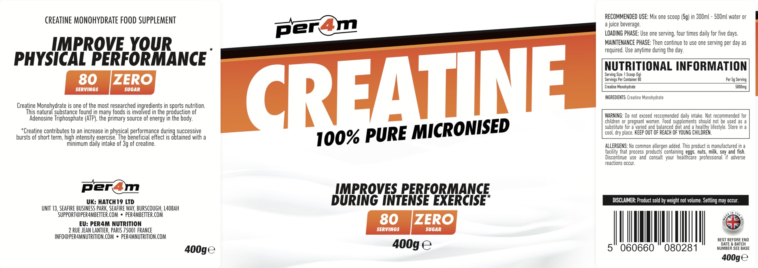 Per4m Creatine, Mikronizowany Monohydrat Kreatyny, Wzrost Siły i Mocy Mięśniowej, Budowanie Masy Mięśniowej, Suplement Diety dla Aktywnych Sportowców Siłowych, Wysoka Czystość – Bezsmakowy – 400 g