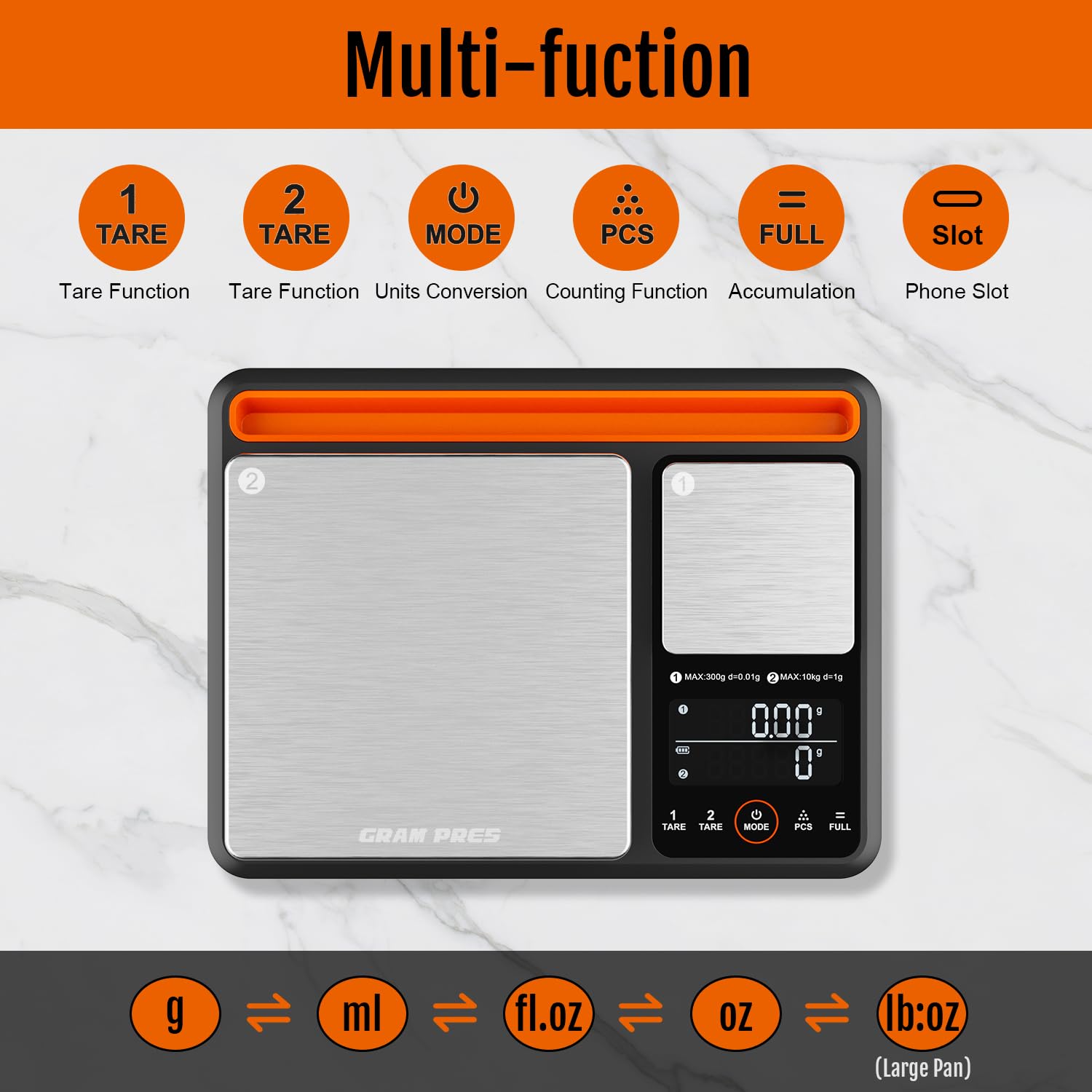 GRAM PRES Báscula digital de cocina y alimentos de doble plataforma, 0,01 g/300 g y 1 g/10 kg