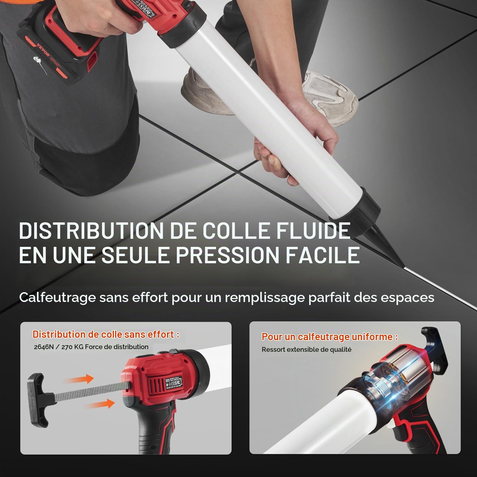 VEVOR Pistolet à Cartouche Électrique sans Fil 600 mL Pistolet à Mastic 20 V Pistolet à Calfeutrer à Batterie 2,0 Ah 4 Vitesses Réglables Anti-goutte Chargeur Rapide pour Calfeutrer, Remplir, Sceller