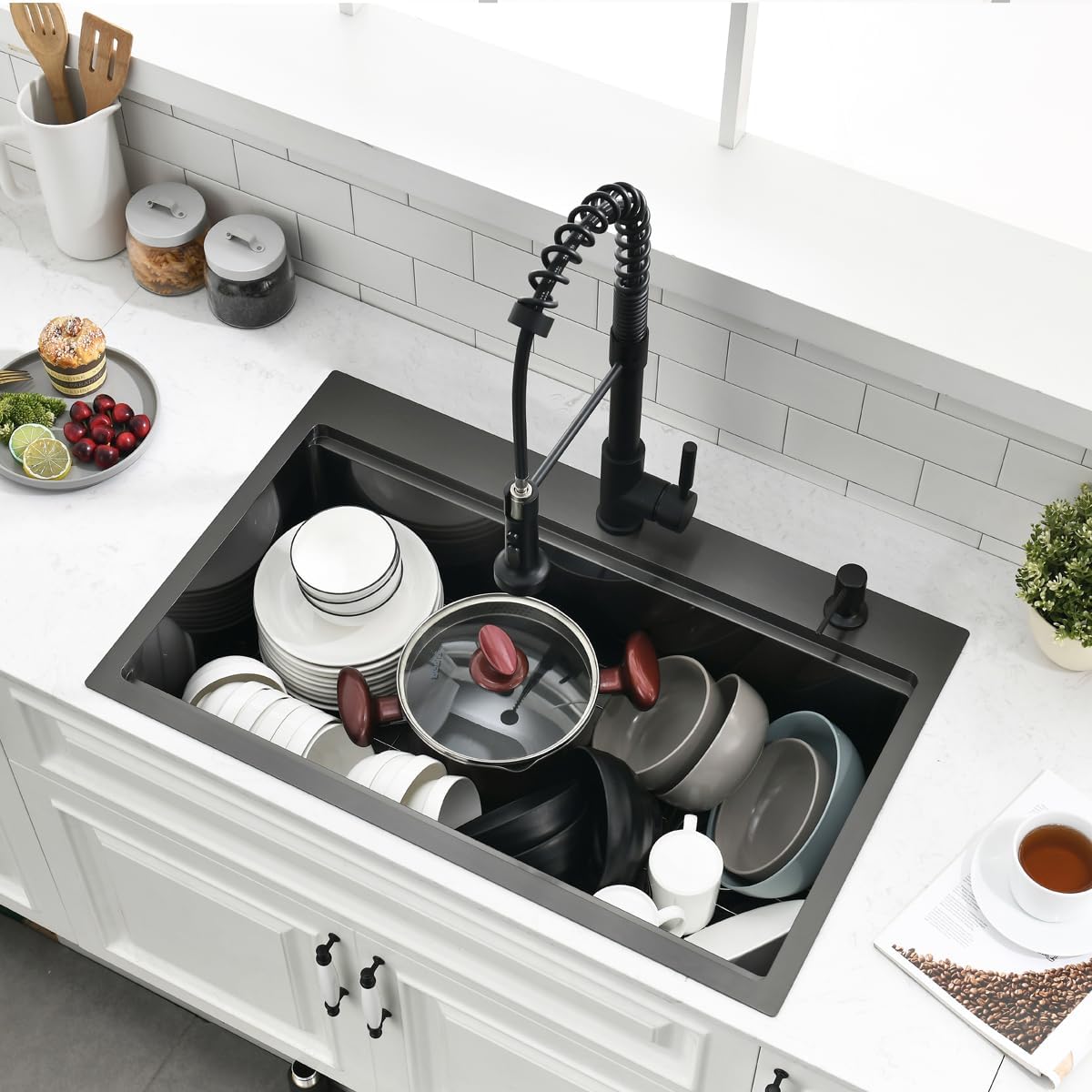 30 Inch Black Drop In Kitchen Sink Workstation - SZBAQTM 30x19-Inch Drop In sink Stainless Steel Single Bowl 10'' Deep Handmade Top Mount Sink with Cutting Board& Strainer