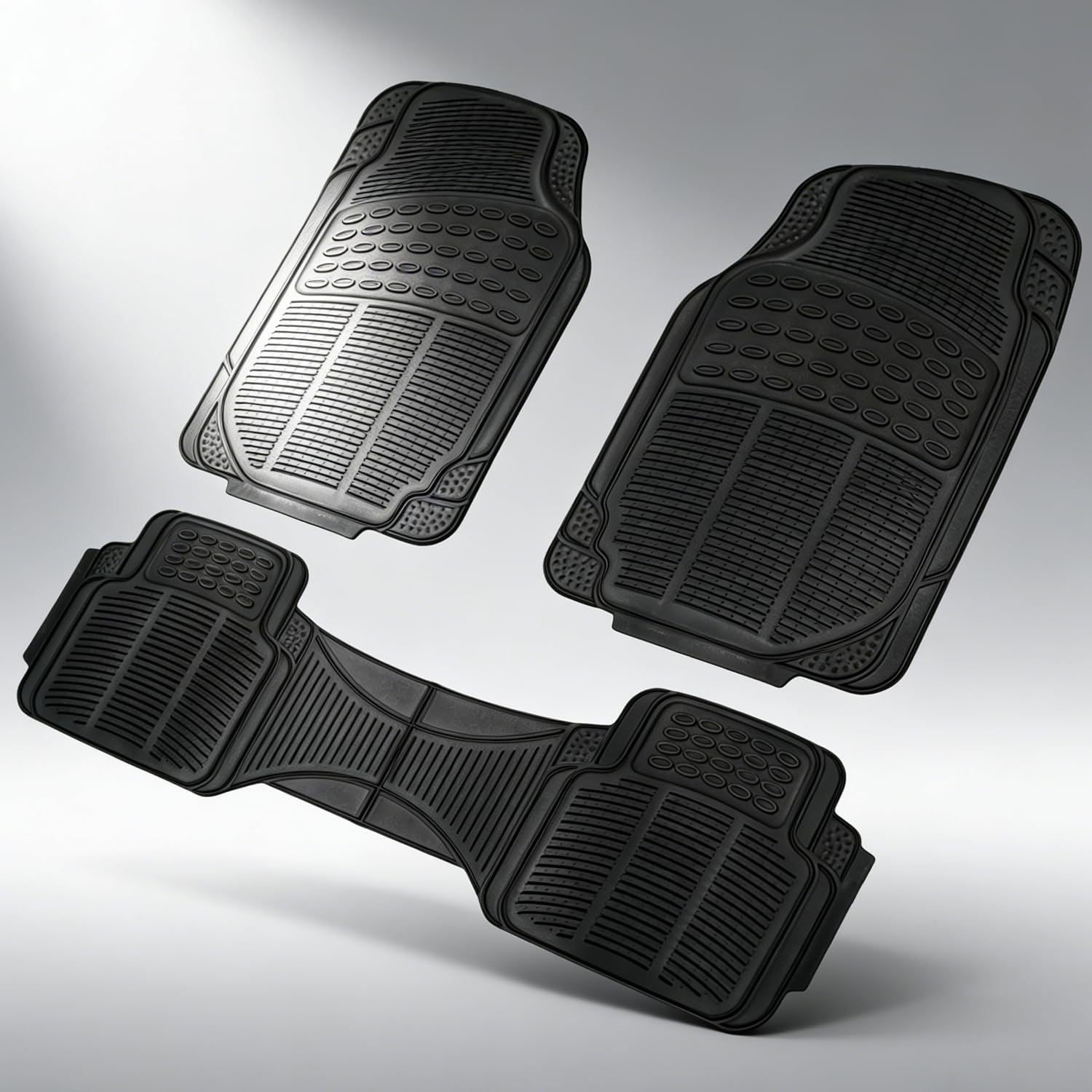 All-Weather 3-Piece Floor Mats for Cars, Trucks & SUVs - Heavy-Duty Rubber Car Mats with Traction Ridges, Waterproof & Universal Fit (Black)，for Toyota, for Ford, for Chevrolet, for Honda, for Nissan