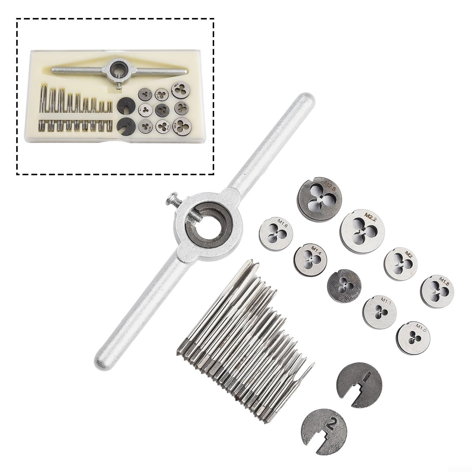 Set di 31 pezzi di maschi e matrici metrici, completo da M1 a M2.5, strumenti per filettare e filettare con accessori per chiave del rubinetto