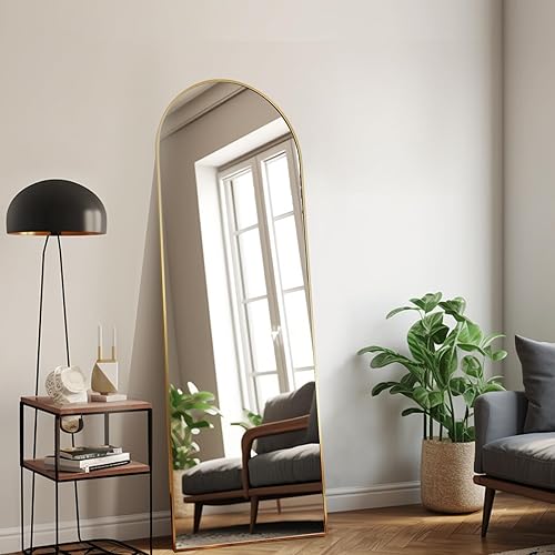 Espejo de longitud completa con soporte, espejo arqueado de longitud completa de 56 x 16 pulgadas con soporte, marco de aleación de aluminio, colgar