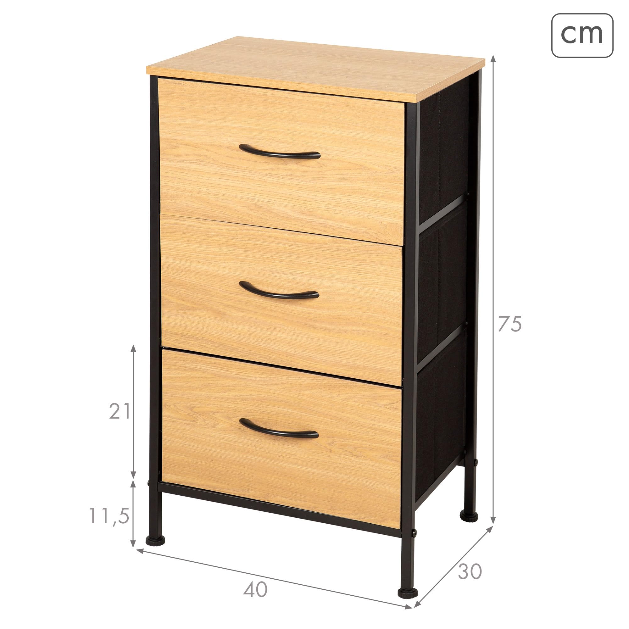 AKTIVE MAX Home Cómoda, 40x30x75 cm, Peso soportado 14 kg, 3 cajones, Madera y Tela, Estructura metálica, Efecto Roble, Cajonera Dormitorio, Muebles de salón (18444)