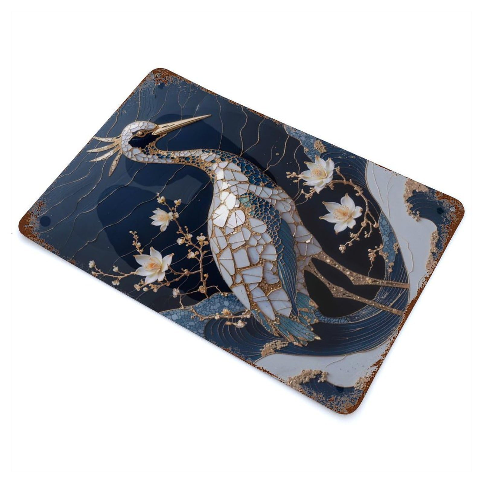 Crane Bird Kintsugi Art Rusty Metal Tin Sign 11.8"x7.9", for Shed, Workshop And Garage Wall Decor, Shabby Chic Decor